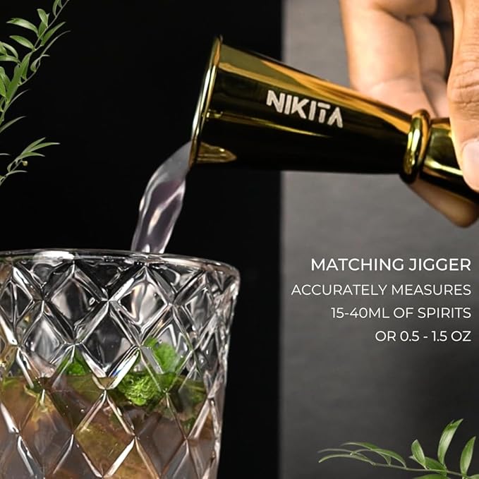 Gold Cocktail Shaker Set - 5 Piece Martini Shaker Set with Strainer, Jigger, Spoon & Muddler - 16oz Glass Cocktail Shaker Set - Ideal Gift for Home Bar & Drink Trolley Décor