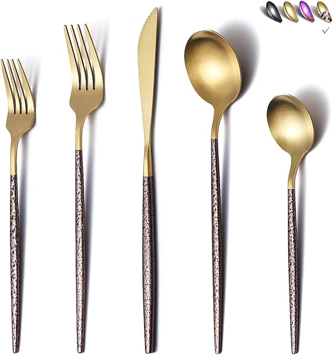 Silverware 20 Pieces, Moon Surface Handle and Matte Gold Head Flatware, Stainless Steel Cutlery Set, Utensils, Service for 4