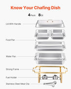VEVOR Chafing Dish Buffet Set, 8 Qt 4 Pack, Stainless Steel Chafer with 2 Full Size and 4 Half Size Pans, Rectangle Catering Warmer Server with Lid Water Pan Stand, for Weddings Parties Banquets, Gold