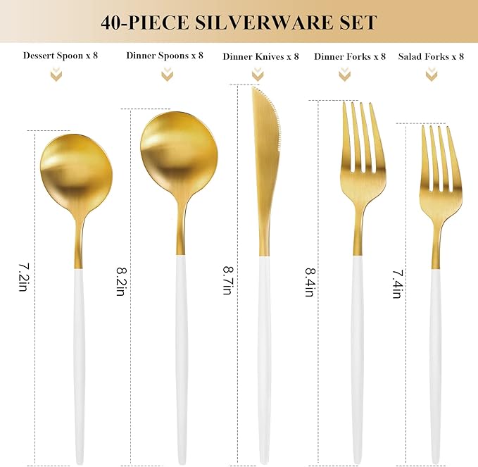 Gold Silverware Set for 8, MIKIWAY Matte Gold With White Handle Flatware Set, 40 Pieces Stainless Steel Cutlery Tableware Set, Kitchen Utensils Set Include Spoons And Forks Set, Dishwasher Safe
