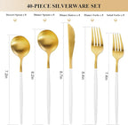Gold Silverware Set for 8, MIKIWAY Matte Gold With White Handle Flatware Set, 40 Pieces Stainless Steel Cutlery Tableware Set, Kitchen Utensils Set Include Spoons And Forks Set, Dishwasher Safe