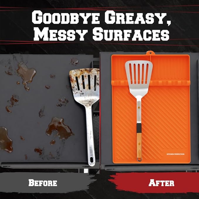 Kitchen Perfection Silicone Grill Mat for Blackstone Griddle Accessories - Silicone Tools & Spatulas Mat with Drip Pad - Keeps Your Griddle Clean and Your Utensils Organized - Great BBQ Gift