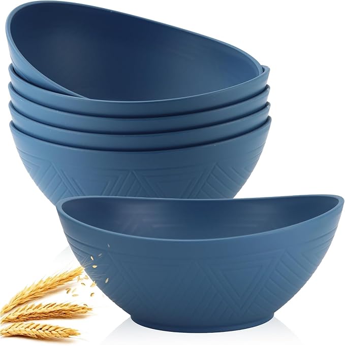 Homienly Wheat Straw Bowl Set of 6-60 OZ Large Salad Bowls,Microwave and Dishwasher Safe Bowl Set, Alternative for Plastic Bowls for Serving Soup,Popcorn Bowl for Kitchen - Blue