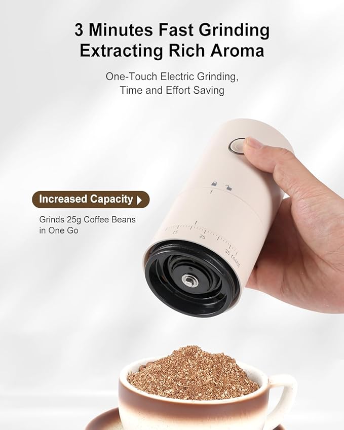 Lamido Portable Electric Coffee Grinder with Ceramic Burr - 38 Adjustable Grind Settings, One-Touch Operation, USB-C Rechargeable, Auto-Stop Function for Espresso, French Press, Travel & Home Use