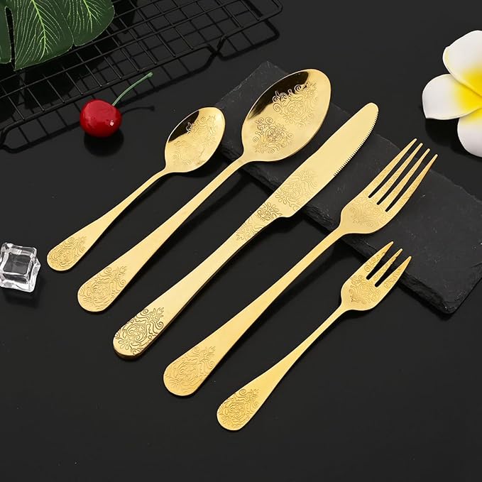 JASHII 20-piece Silverware Flatware Set Vintage Carved Floral Pattern Eating Utensils Stainless Steel Knife Fork Spoon Set Mirror Polished Dishwasher Safe - Gold