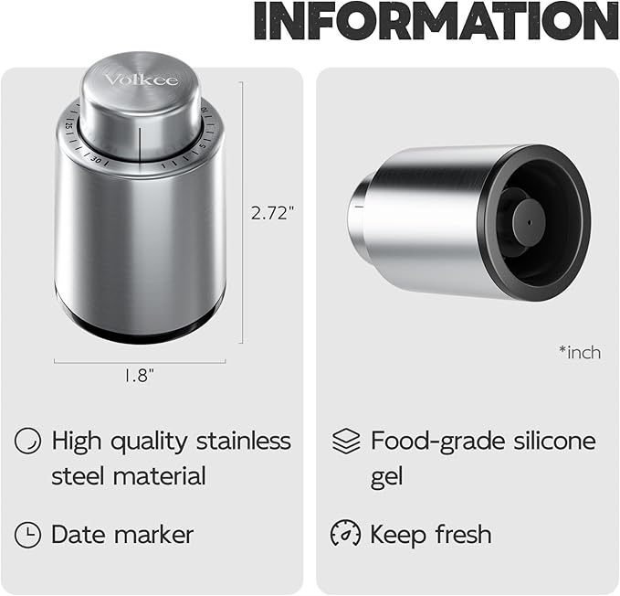 Volkee Wine stoppers vacuum, Wine saver for wine bottles, Wine preserver keep wine fresh, Rescuable wine caps for bottles, Stainless Steel [2 Pack]