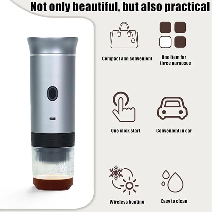 Espresso Portable 3-in-1 Capsule Coffee Maker with 7500mAh Battery, 120ml Cup Capacity, 50+ Extractions, Fast Heating & Waterproof Design【silvery】