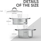 SUNHOUSE - 3.1 Quart Steamer Pots With Lid 2-Tier Multipurpose Stainless Steel Steaming Pot Cookware With Handle For Vegetable, Dumpling, Sauce, Food - Triple Bottom, Measurement Line