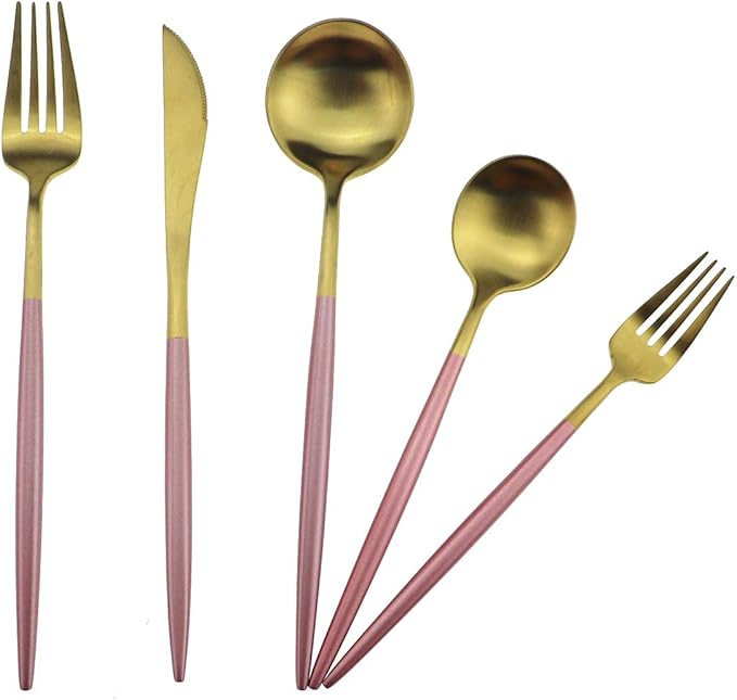 Gugrida Pink Gold Flatware, Royal 20 Piece Matte Pink Handle 18/10 Stainless Steel Tableware Sets for 4 Including Forks Spoons Knives, Camping Silverware Travel Utensils Set Cutlery (Pink Gold)