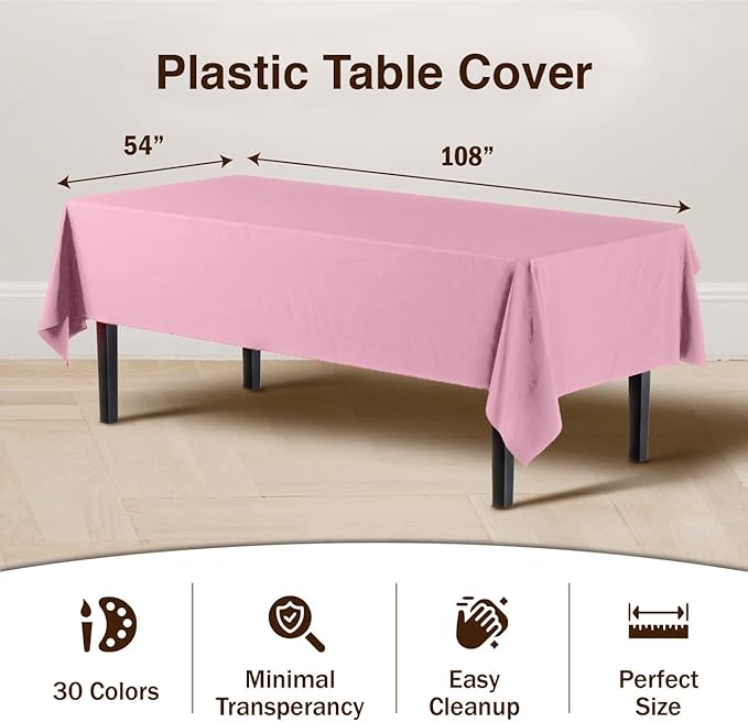Exquisite Party Solids 12-Pack Premium Plastic Tablecloth 54in. x 108in. Rectangle Table Cover - Pink