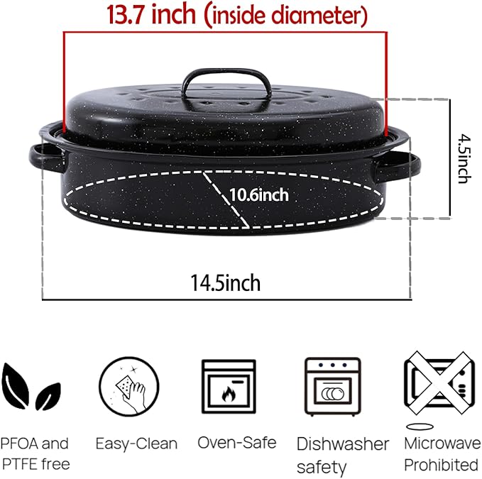 15"Oval Roasting Pan With Lid Small Chicken Roaster With 13.7in Inner Diameter Enamel Steel Roasting Pot Suitable for Outdoors Family Dinnerhigh Temperature Resistance Holiday Gifts