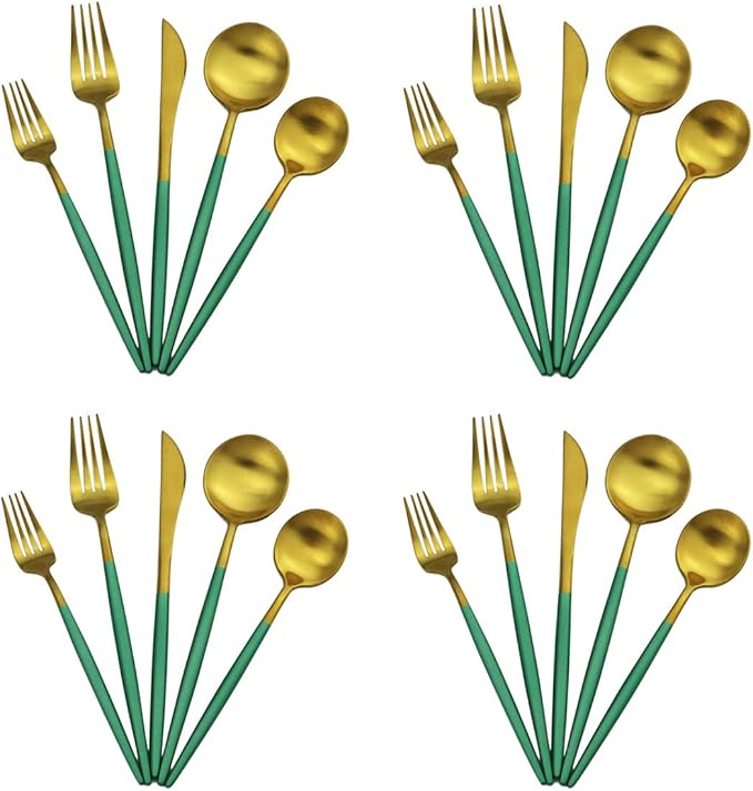 Gugrida 20-Piece 18/10 Stainless Steel Flatware Silverware, Luxury Dinnerware Set Travel Cutlery Tableware Include Knife Fork Spoon Service for 4, Dishwasher Safe (Green Handle Matte Gold)