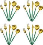 Gugrida 20-Piece 18/10 Stainless Steel Flatware Silverware, Luxury Dinnerware Set Travel Cutlery Tableware Include Knife Fork Spoon Service for 4, Dishwasher Safe (Green Handle Matte Gold)