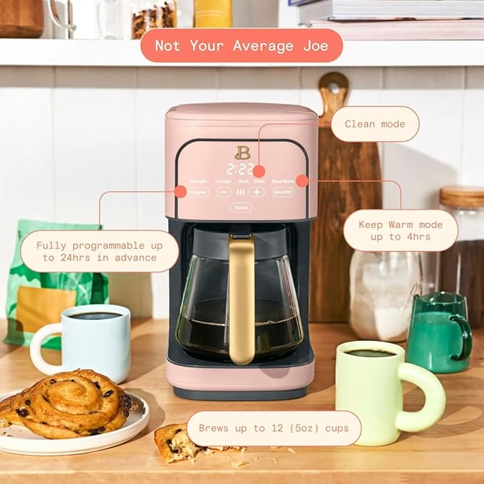 Beautiful 12-Cup Programmable Coffee Maker with Touch-Activated Display, Auto Brew Timer, Reusable Filter & Large Glass Carafe (Rose)