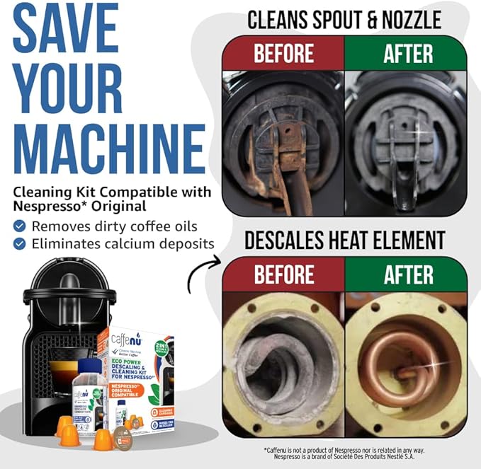 Nespresso Compatible Descaling Kit & Cleaning Pods. 2 Use Descaling Solution & 4 Cleaner Pods. Removes Limescale & Cleans Pod Area. Better Tasting, Hotter Coffee. Nespresso Originaline.