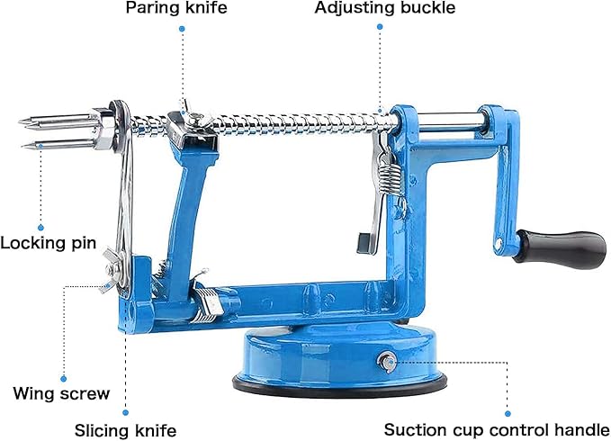 Apple Peeler, Slicer Corer Potato Peelers 3 In 1, Stainless Steel Heavy Duty Suction Cup Base And 7 Extra Blades (Blue)