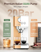 Maestri House 20 Bar ULKA Pump Espresso Machine, Compact Espresso Maker Built-in Flow Meter Steam Milk Frother, Stainless Steel Coffee Machine for Cappuccino, Latte, Rose Golden