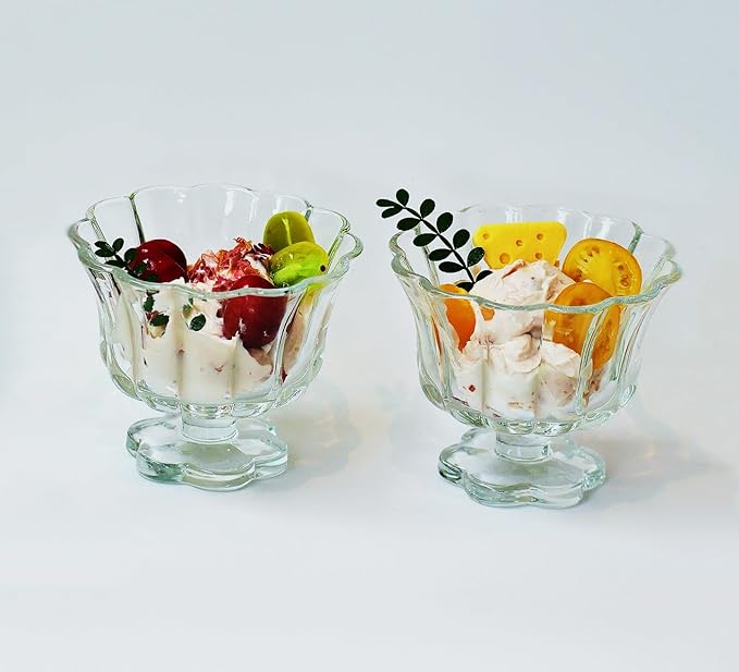 Ice Cream Bowls Drinking Glass Cups Set of 2 (Transparent), Flower Petal Style Glasses, 8.5oz, Suitable for Ice cream, Cocktails, Dessert & More.