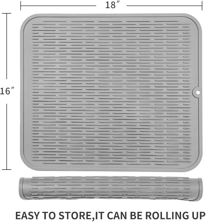 Silicone Dish Drying Mat for Multiple Usage,Easy clean,Eco-friendly,Heat-resistant Silicone Mat for Kitchen Counter or Sink,Refrigerator or Drawer Liner Grey XL 18 inches x 16 inches