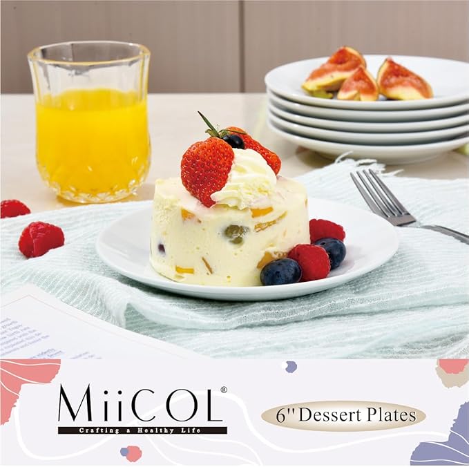 Miicol Small Dessert Plates Set of 6, Ceramic White Appetizer Plates 6 Inch, Mini Porcelain Serving Plate for Cake, Bread, Salad, Snack