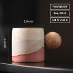 2-Oz Ceramic Espresso Cups with Wood Handle, 2/4-Piece Set for Coffee, Tea, Latte - Dishwasher Safe, Multi-Color & Wood Styles, Gift & Café Use (Kiln turning pink, Round Handle4)