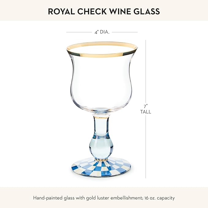 MACKENZIE-CHILDS Stemmed Wine Glass, Decorative Glassware, 16 Ounces, Blue-and-White Royal Check