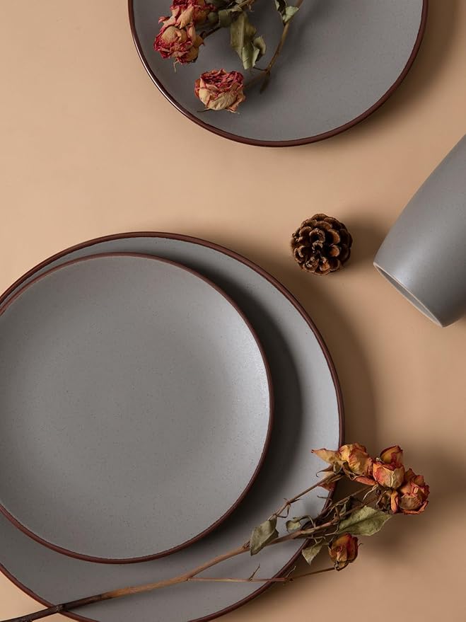 Famiware Venus Plates and Bowls Sets, 18 Pieces Stoneware Dinnerware Sets, Speckled Dishes Set for 6, Microwave and Dishwasher Safe, Matte Dark Grey