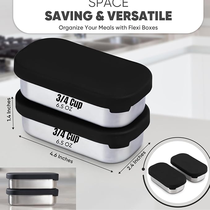 Flexibento - 2 x 6.5 oz | Leak proof | Small Stainless steel Snack Containers with Silicone lids|Dip, snacks, condimenrs | Plastic and BPA free | Metal Lunch box | Black (set of 2)