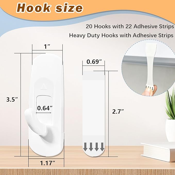 Large Utility Hooks 20 Hooks + 22 Adhesive Strips,Damage Free Hanging Wall Hooks with Adhesive Strips,No Tools Adhesive Hooks for Coat, Door,Key Holder,Christmas Decorations (Holds up to 5 lb)
