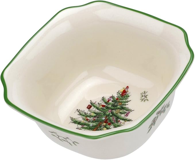 Spode Christmas Tree 5.5-Inch Square Porcelain Bowl - Serving Bowl for Candies, Nuts, Desserts, and Small Floral Arrangements - Festive Holiday Tableware, Dishwasher and Microwave Safe