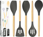 Non-Stick Silicone Cooking Utensils Set, 5 Pcs with Wooden Handle, Heat Resistant Silicone Kitchen Gadgets (Gray)