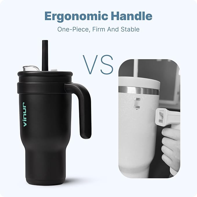 VINUR 30 oz Insulated Tumbler with Handle & Straw Lid-Stainless Steel Double Wall Vacuum Drink Water Cup Coffee Mug with Rubber Base, Black