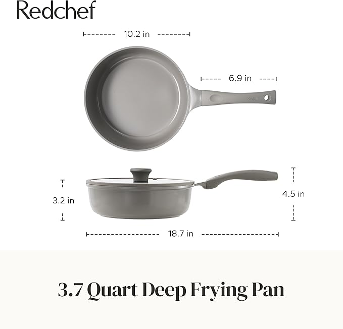 Redchef Deep Ceramic Frying Pan with Lid, Nonstick Saute Pan Cookware All Cooktop Compatibility, Stay-Cool Handles, PFOA Free, Healthy Coating, Tempered Glass Cover, Even Heat, Grey (3.7Qt, 10")