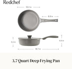 Redchef Deep Ceramic Frying Pan with Lid, Nonstick Saute Pan Cookware All Cooktop Compatibility, Stay-Cool Handles, PFOA Free, Healthy Coating, Tempered Glass Cover, Even Heat, Grey (3.7Qt, 10")