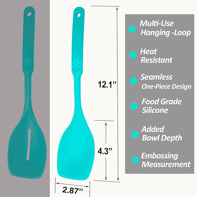 Large Silicone Cooking Spoon, Non-Stick Solid Spoon with Deep Blow and Measurement Mark for Mixing, Serving, Draining, Scooping, Scraping, Heat Resistant Kitchen Utensils, Teal