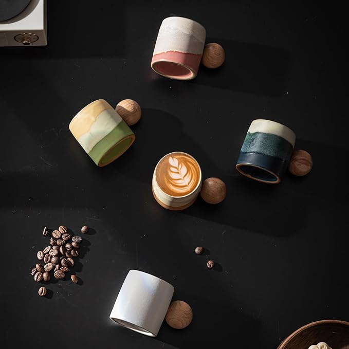 2-Oz Ceramic Espresso Cups with Wood Handle, 2/4-Piece Set for Coffee, Tea, Latte - Dishwasher Safe, Multi-Color & Wood Styles, Gift & Café Use (white, Round Handle2)