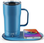 Smart Self Heating Coffee Mug 18 Oz Temperature Control Heated Coffee Mug App Controlled Warmer Mug 5-10 Hour LED Display Keep Coffee Hot All Day Fast Wireless Charger Base Lake Blue