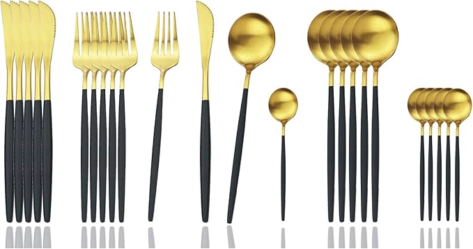 JASHII Silverware Set, 24-Piece Stainless Steel Flatware Set,Kitchen Utensil Set Service for 6,Tableware Cutlery Set for Home, Dishwasher Safe (Matte Black handle gold)