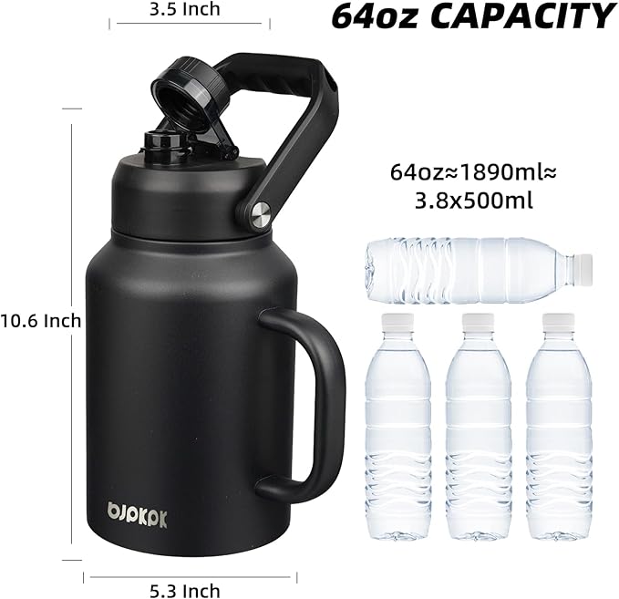 BJPKPK 64oz Insulated Water Bottle with Handle, Large Dishwasher Safe Half Gallon Water Bottle, BPA Free Water Jug, Wide Mouth Metal Water Bottle with Anti-slip Bottom, Keep Cold & Hot, Black