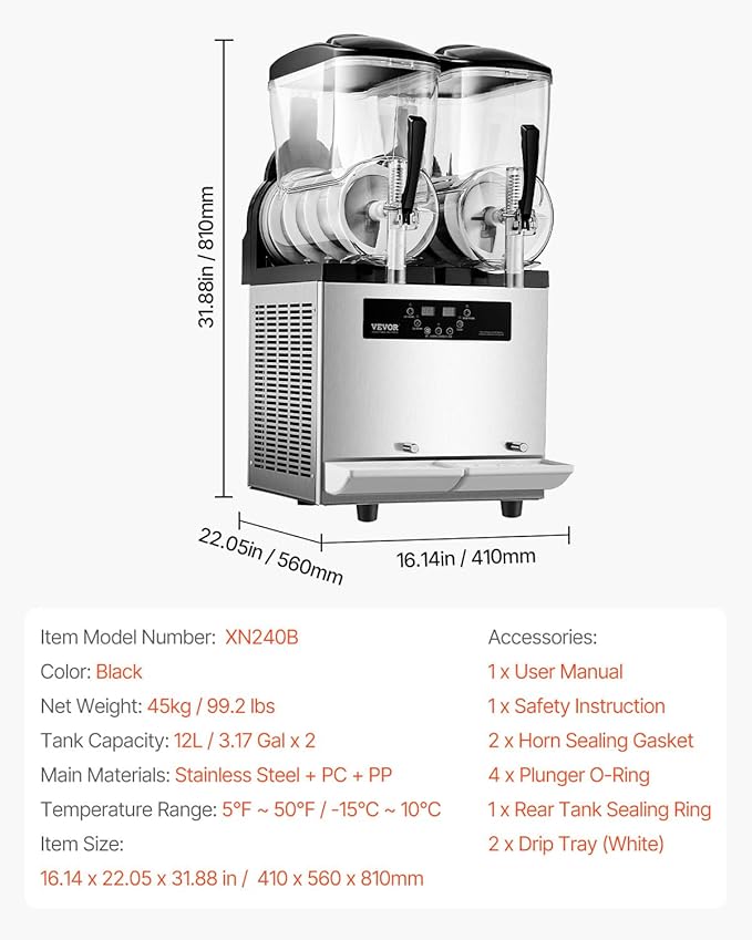 VEVOR Commercial Slushy Machine, 12Lx2 Double Tank Frozen Drink Machine, 96 Cups Stainless Steel Margarita Smoothie Frozen Drink Maker, Slushie Maker for Home Party Restaurants Cafe Bars