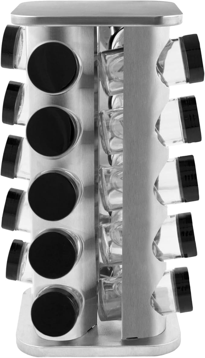 Orii 20 Jar Rotating Stainless Steel Spice Rack - No Spices - Black Lids