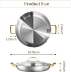 DELARLO Paella Pan With Lid, 14 Inch, Tri-Ply Stainless Steel Large Skillet, Everyday Pan, Fast & Even Heating Induction Cooking Pan, Dishwasher and Oven Safe, Heavy Duty Style