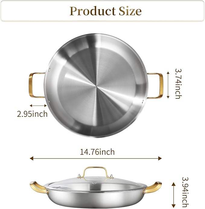 DELARLO Paella Pan With Lid, 14 Inch, Tri-Ply Stainless Steel Large Skillet, Everyday Pan, Fast & Even Heating Induction Cooking Pan, Dishwasher and Oven Safe, Heavy Duty Style