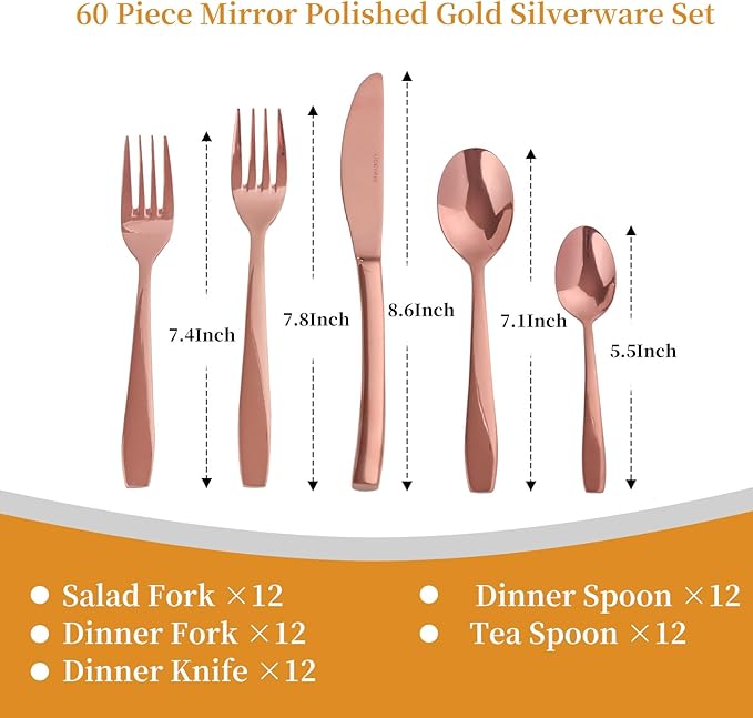 Rosegold 60 Piece Silverware Set,Stainless Steel Flatware Set for 12,18/0 Rust-Proof Cutlery Set with Forks & Spoons,Mirror Polished Dishwasher Safe - Heavy Duty Tableware for Home & Dining