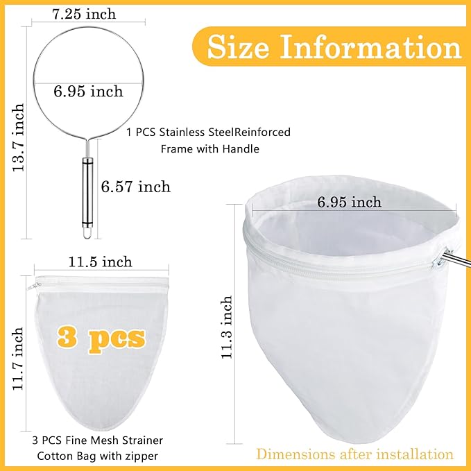 WMKGG Ultra Fine Mesh Strainer Bags,Cheese Cloth Bag for Straining, with Stainless Steel Handle Frame for Juices,Nut Milk,Fresh Cheese,Yogurt (Medium Size)(6.95"Wx11.7"D)