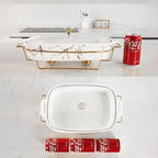 13" x 9" Ceramic Casserole Dish with Glass Lid and rack, 2.2 Quart Serving Soup Tureen,Chafing Dish for Buffet, Family Food preserve Tray, Catering Casserole for Party Style