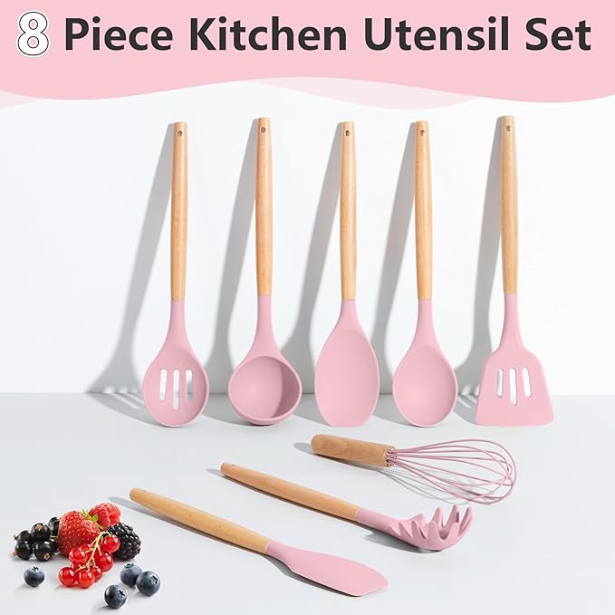 P&P CHEF Silicone Cooking Utensils Set, 8-Piece Kitchen Cooking Utensil with Wooden Handle, Silicone Spatula for Nonstick Cookware, Heat-proof & Easy Clean, Pink