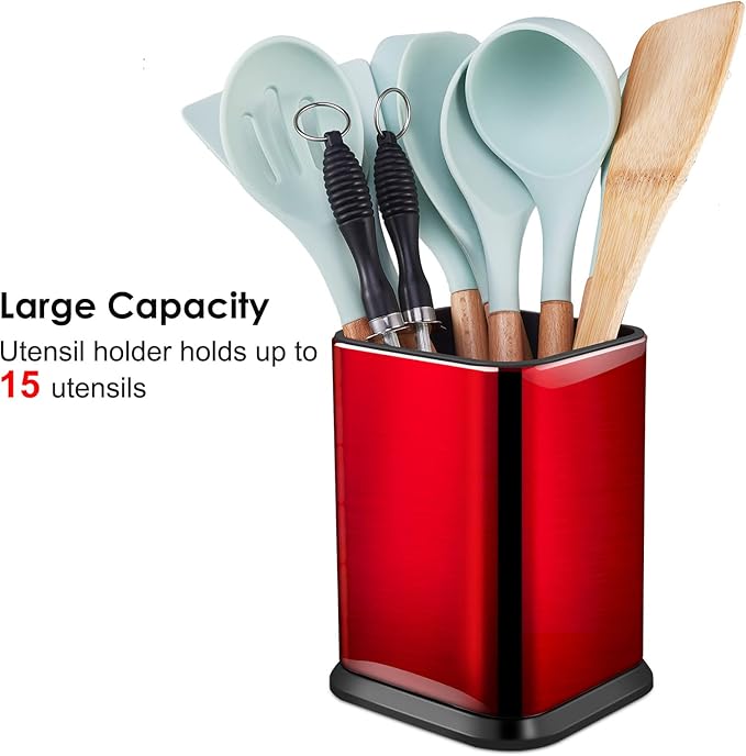 RedCall Stainless Steel Kitchen Utensil Holder for Countertop, Spoon Spatula Organizer,Modern Rectangular Large Cooking Utensil Caddy Counter,Utensil Crock (Stainless Steel Red)