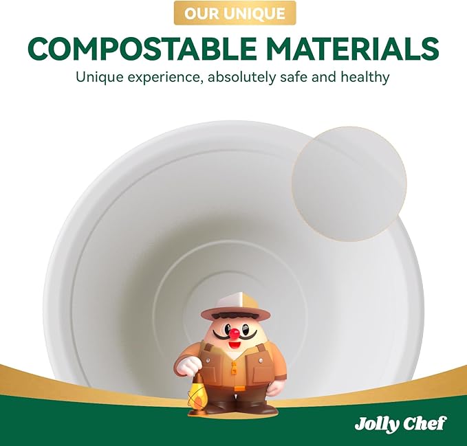 JOLLY CHEF Compostable Disposable Paper Bowl [12 oz] Heavy Duty Soup Containers [150 Pack] Biodegradable Bagasse Hot Cold Food Eco-Friendly Sugarcane Microwavable Bowls for Salad Dessert Milk Cereals