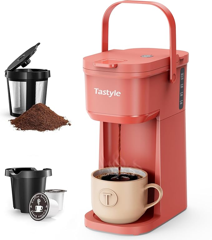 Single Serve One Cup Coffee Maker, for K Cups and Grounds, Mini Coffee Maker with Portable Handle, 6 to 12 Oz Brew Size, for Travel, Camping, Office, RV and Dorm, 120V, Salmon Pink